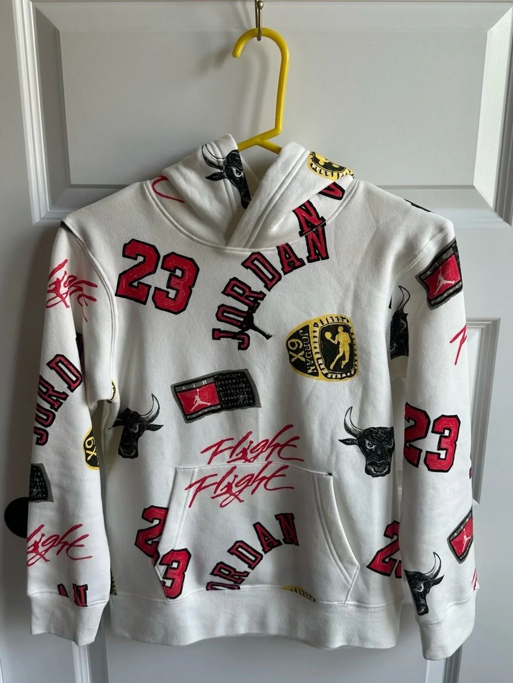 Jordan Men’s White Graphic Crewneck Hoodie with Red and Black Accents